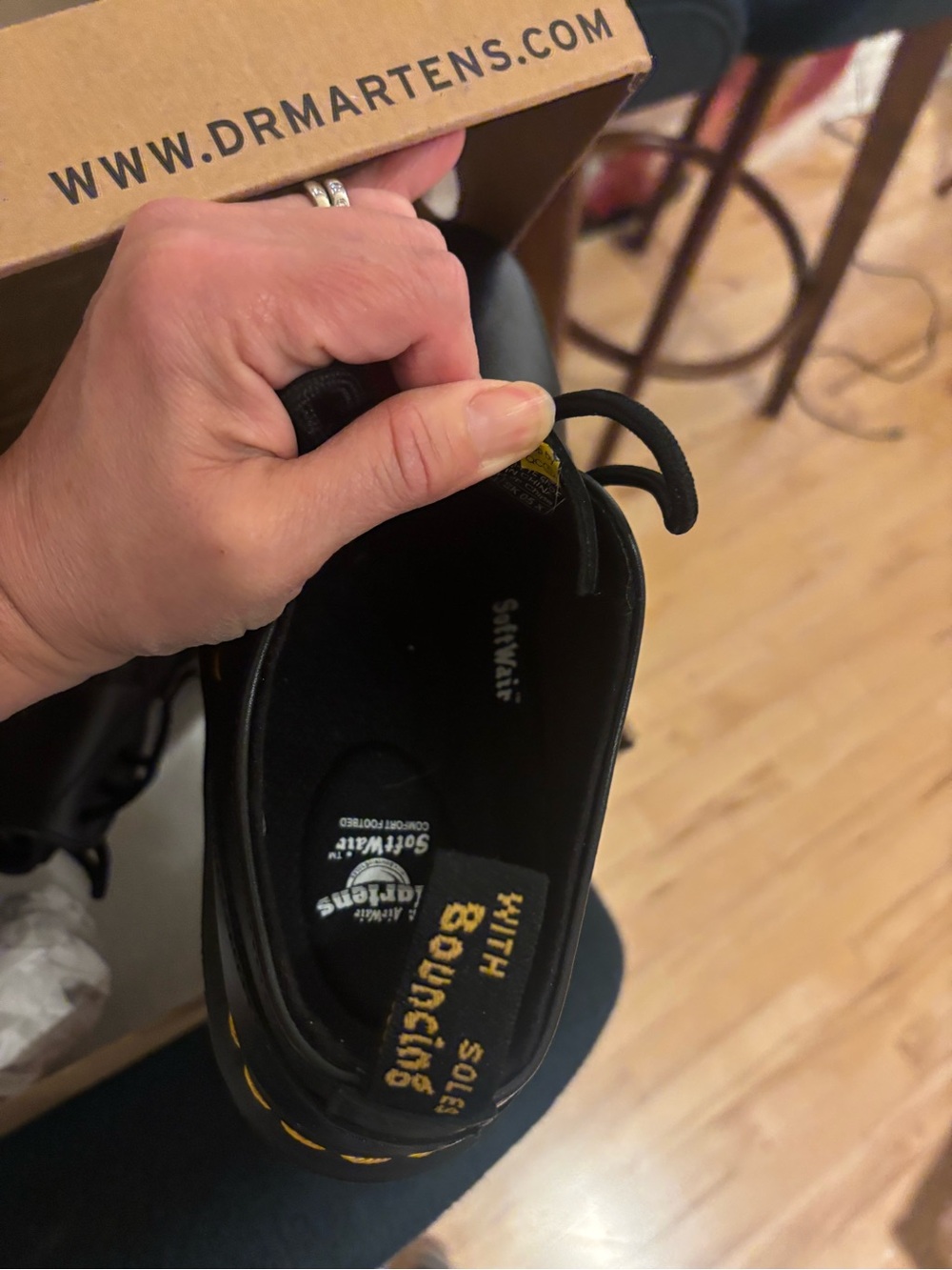 Dr. Martens Black Leather Platform Derby Shoes with Yellow Stitching - Picture 6 of 12